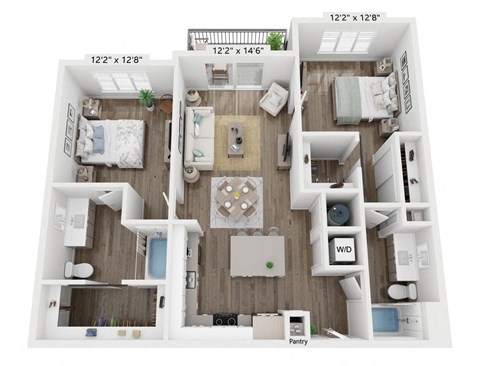 Floor plan for 2 beds, 2 baths, 1186 sqft
